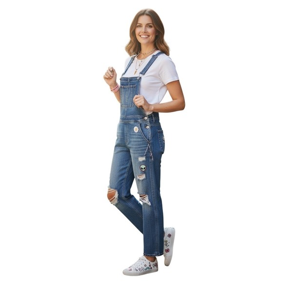 Honey Punch Pants - Honey Punch Blue Distressed Denim Overalls L Ripped Straight Leg Y2K Vintage Sty